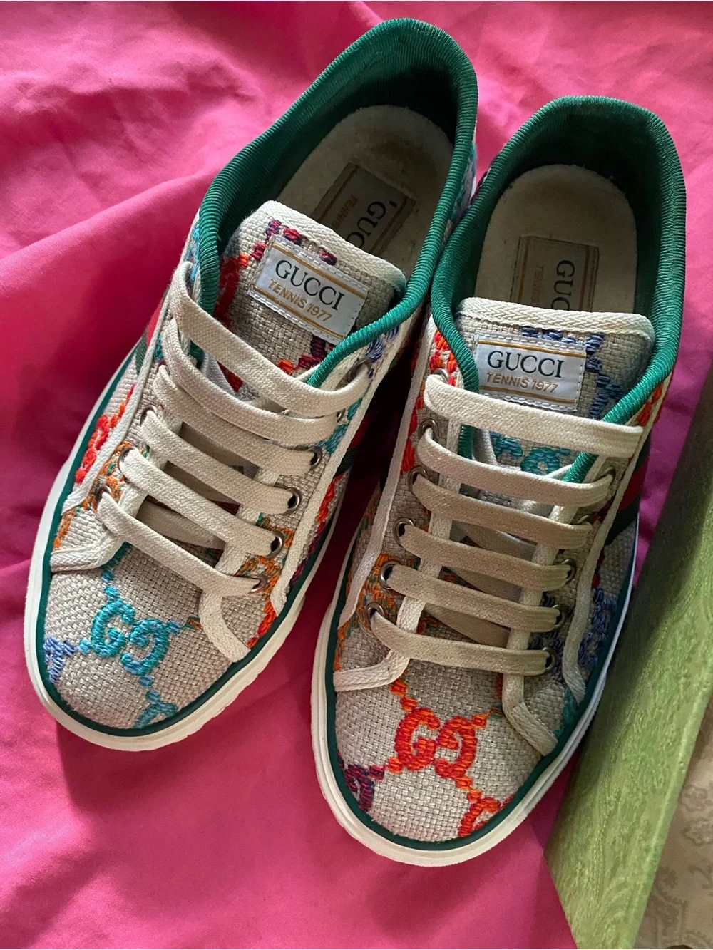 Gucci Beige Canvas Low-Top Sneakers with Multicolor GG Embroidery